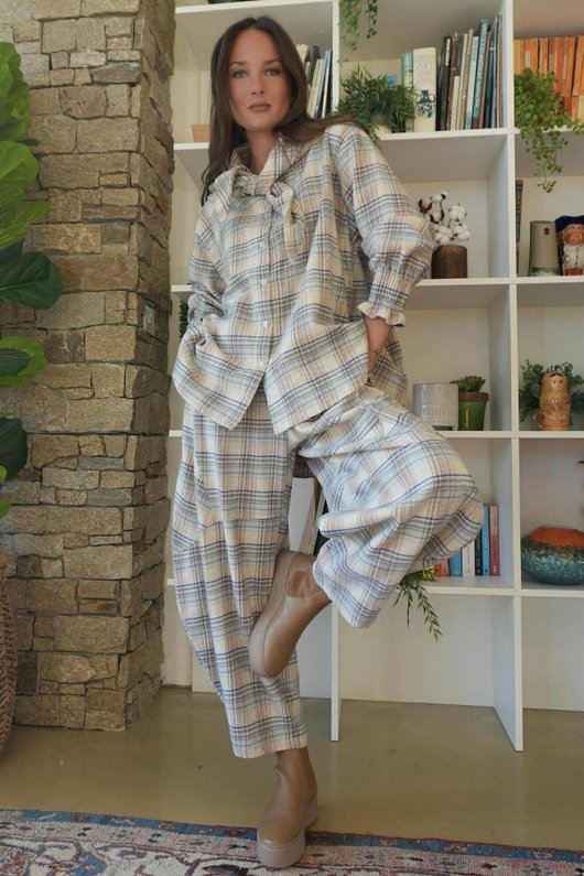 Agnes Plaid Brushed Cotton Neckerchief Blouse Blues